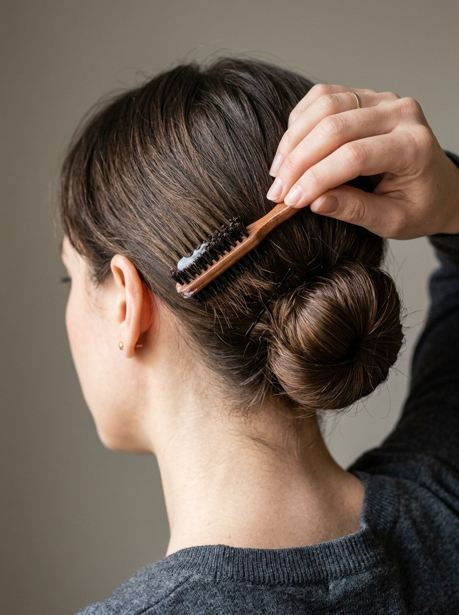 Close-up view of a woman using a small wooden brush with styling product to smooth flyaways on her hair bun.