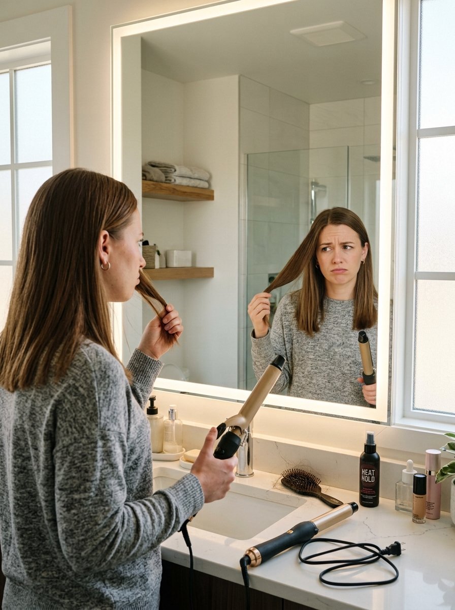 Young woman looking disappointed at her hair in a bathroom vanity mirror while holding a curling iron.