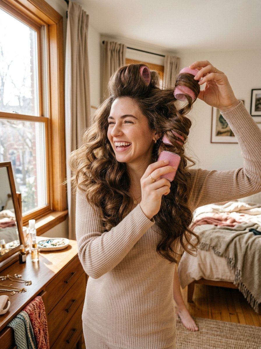 A joyful woman in a beige sweater putting large pink hair rollers into her long wavy brown hair by a bedroom window.