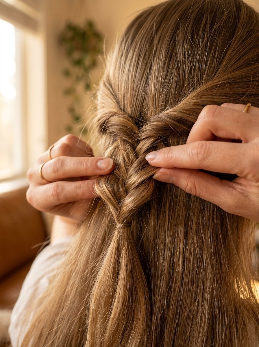 Hands pulling sections of blonde hair to create a simple half-up braided hairstyle.