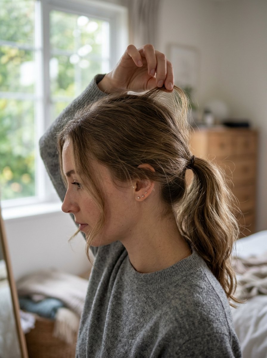 Profile view of a young woman pulling up her messy brown hair into a ponytail inside a bedroom.