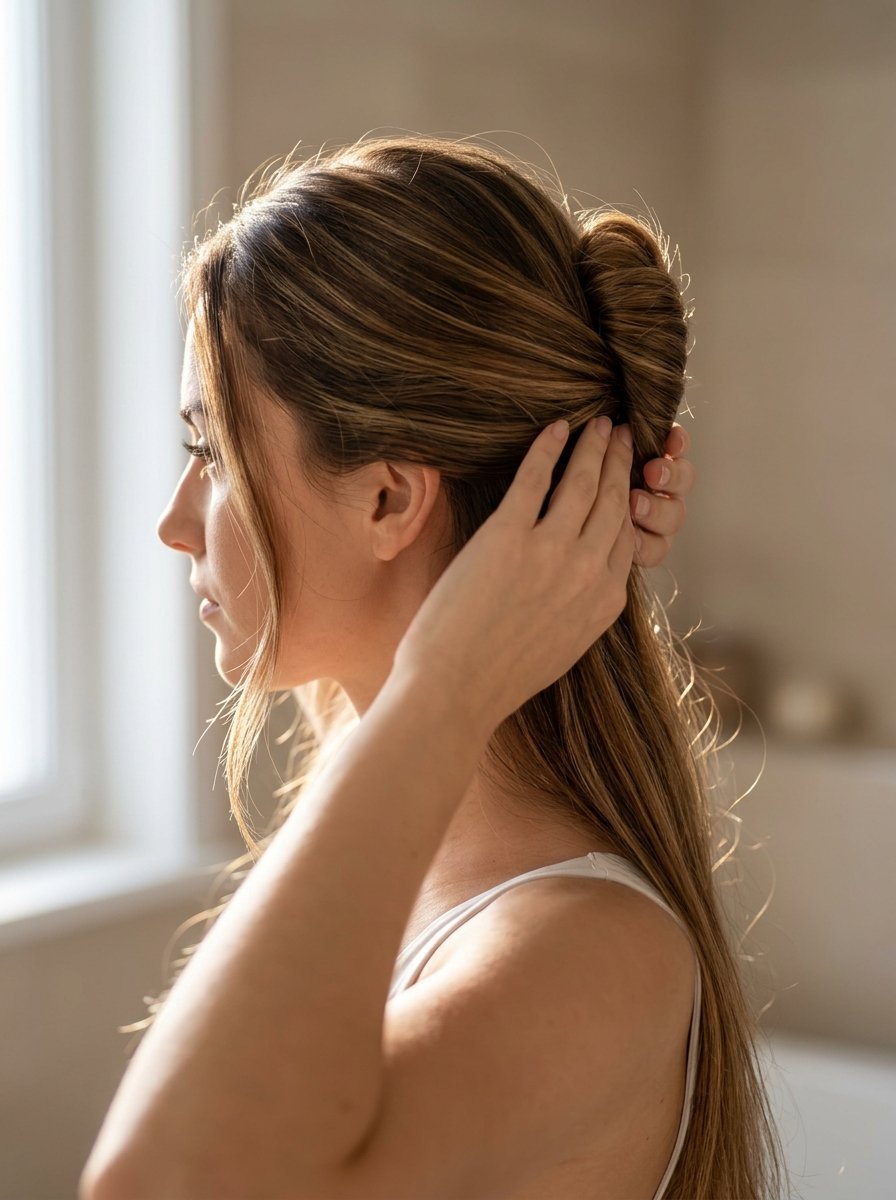 Side view of a woman with highlighted brown hair pulling back a section of her hair into a bun.