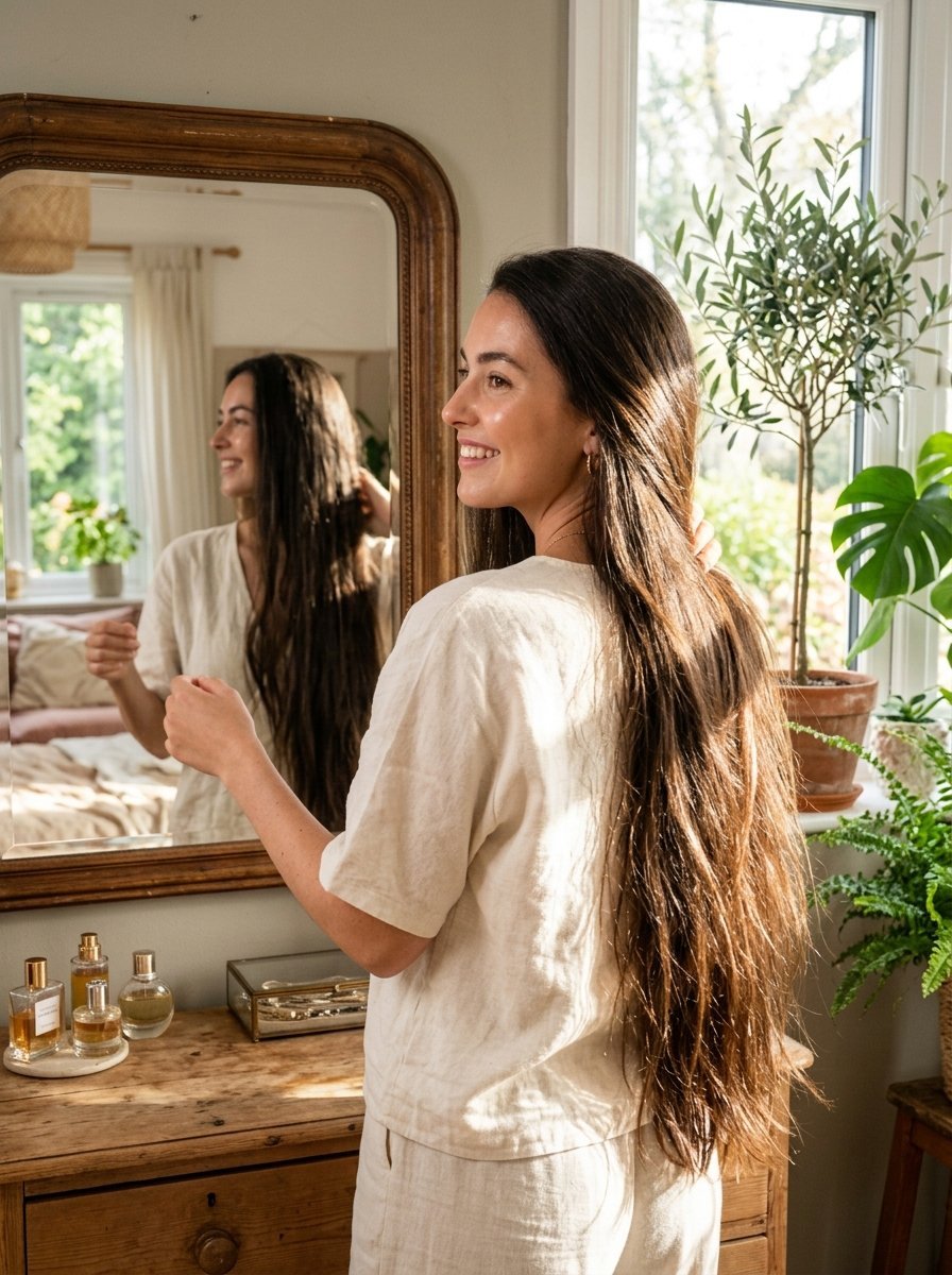A woman in a linen shirt touches her flowing brown hair while looking into a vanity mirror in a sunlit room.