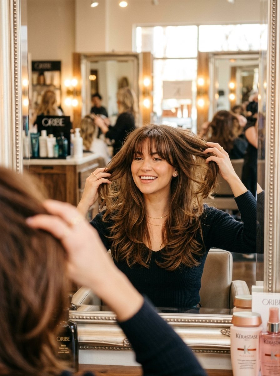 A happy woman with brown layered hair and bangs adjusting her style while looking into a salon mirror.