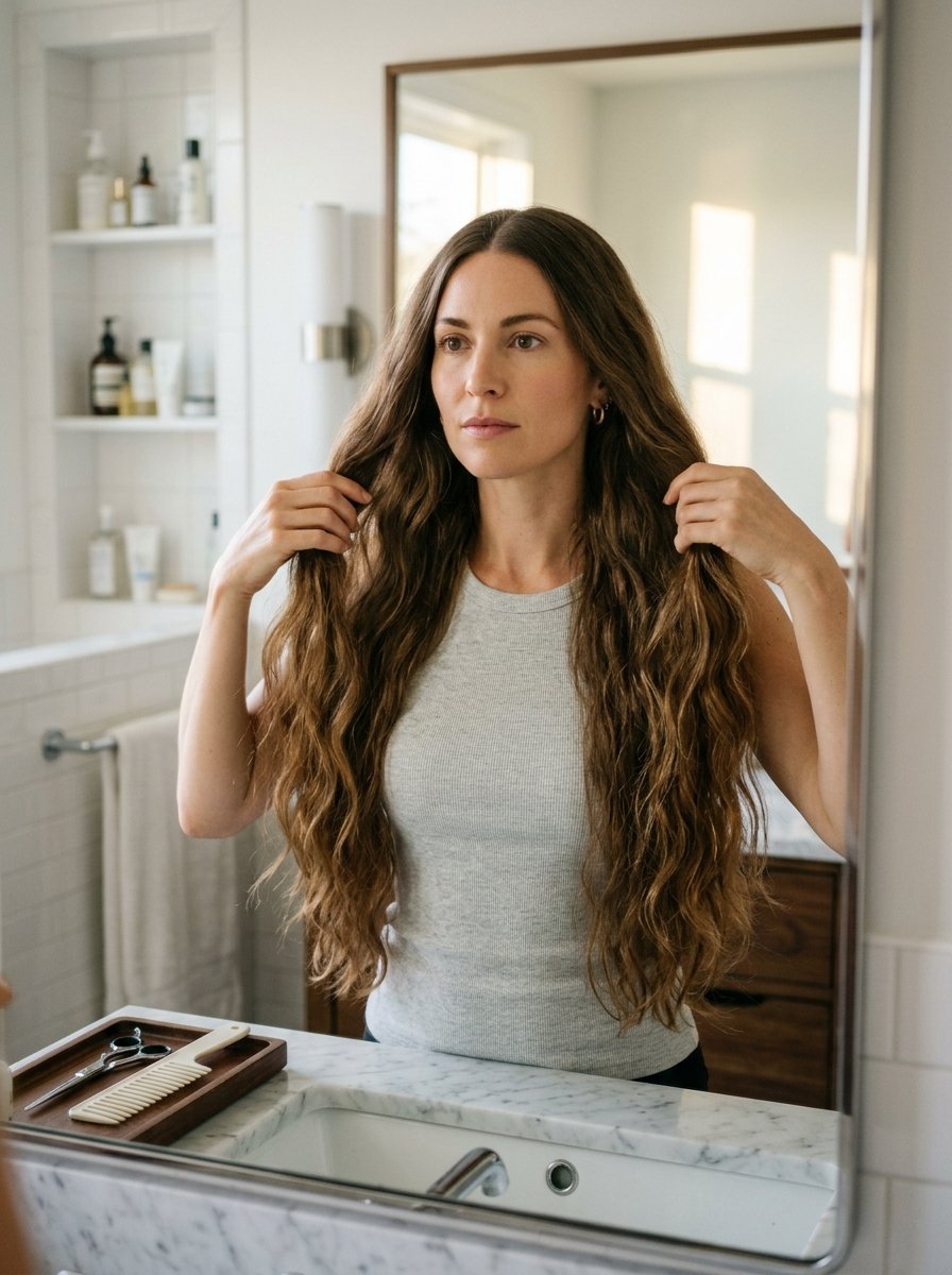 Reflective view of a woman holding sections of her long brown wavy hair in front of a marble bathroom vanity mirror.