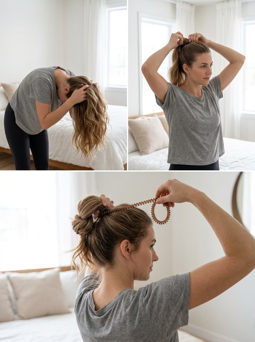 Steps showing a woman gathering her long hair and securing it with a spiral coil hair tie.