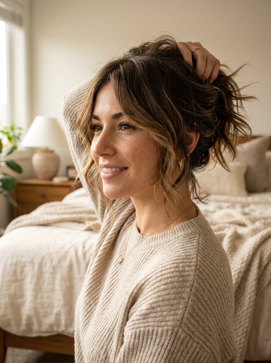 Close-up of a smiling woman with highlighted hair wearing a beige sweater, adjusting her hair in a cozy bedroom.