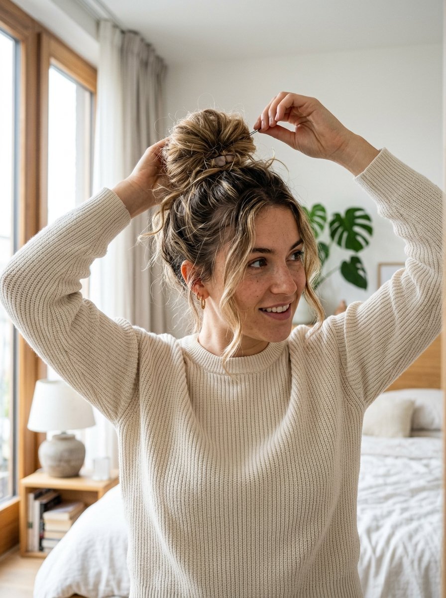 A smiling woman wearing a cream sweater while pinning up her loose bun in a bright bedroom.