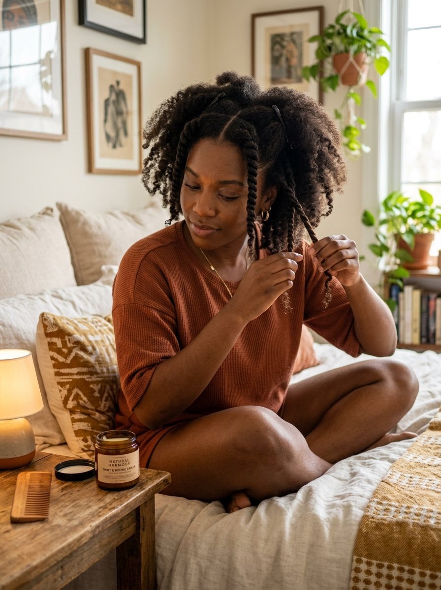 Woman in a terracotta top styling her natural textured hair into twists while sitting on a cozy bedroom bed.