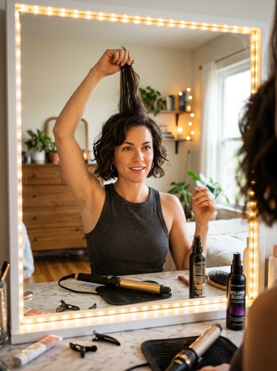 A woman in a grey tank top holds a section of her short hair up while styling in a mirror with LED lights.