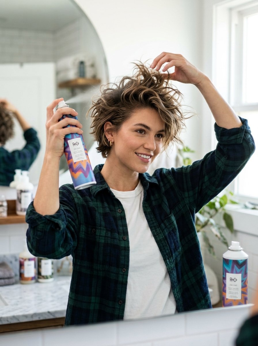 A woman in a green plaid shirt spraying styling product into her messy brunette hair in a bathroom mirror.