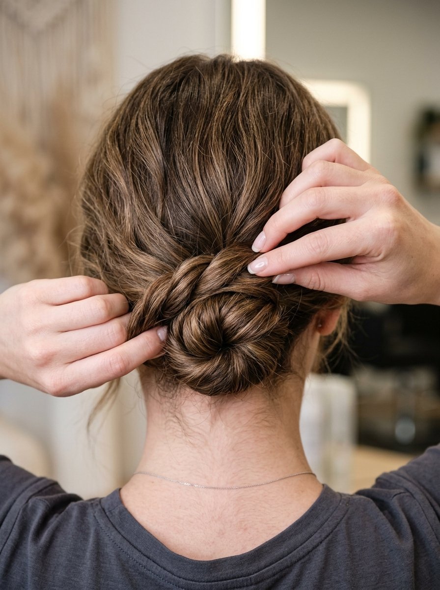 Close up rear view of a person pinning their wavy hair into a messy bun hairstyle.