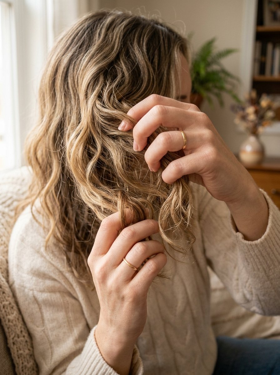 Close-up of a person with blonde wavy hair using both hands to style and twist their hair strands.