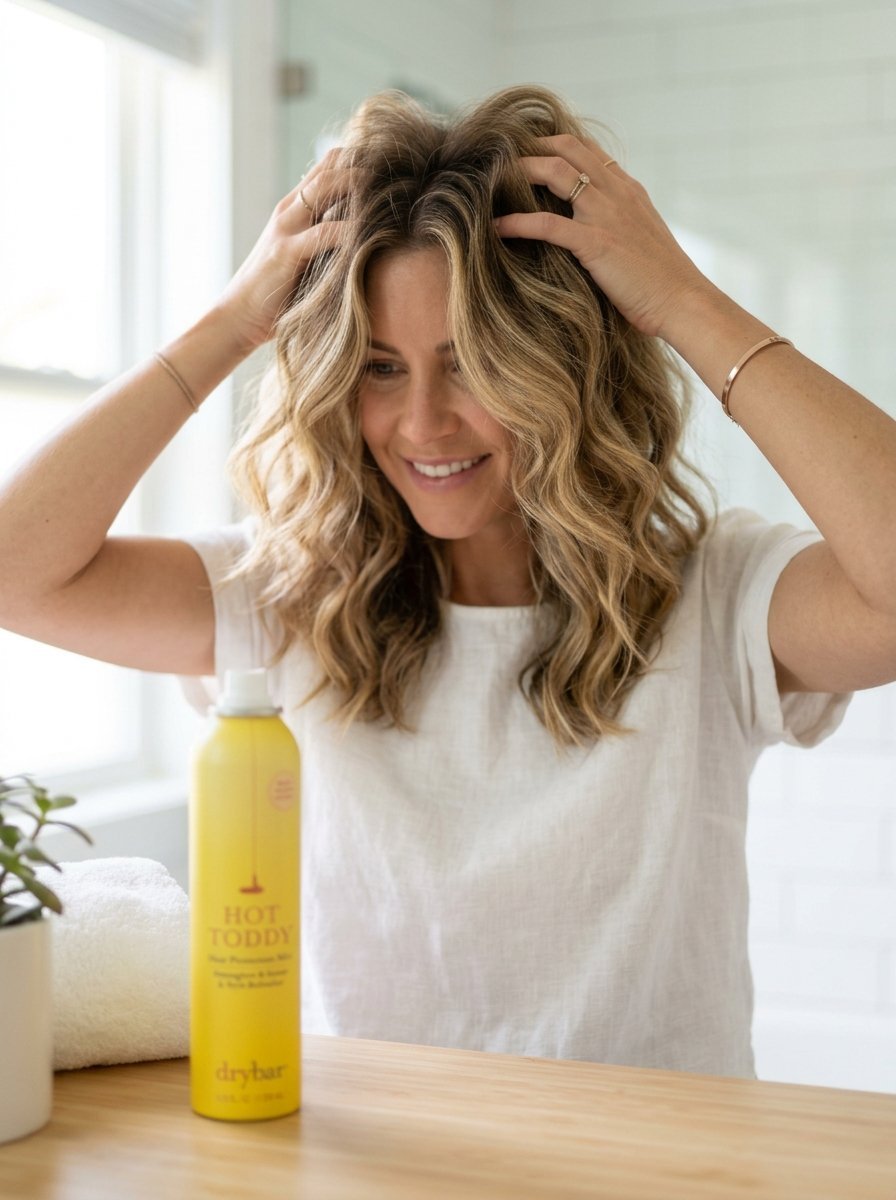 A smiling woman in a white shirt touching her wavy blonde hair with a bottle of yellow hair spray in the foreground.