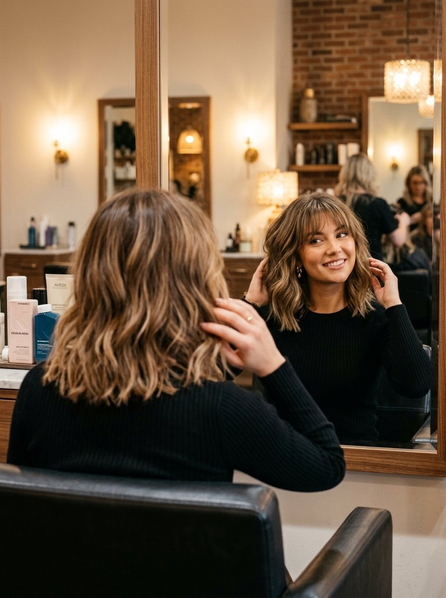A woman in a black shirt touches her shoulder-length wavy hair while looking at her reflection in a salon mirror.