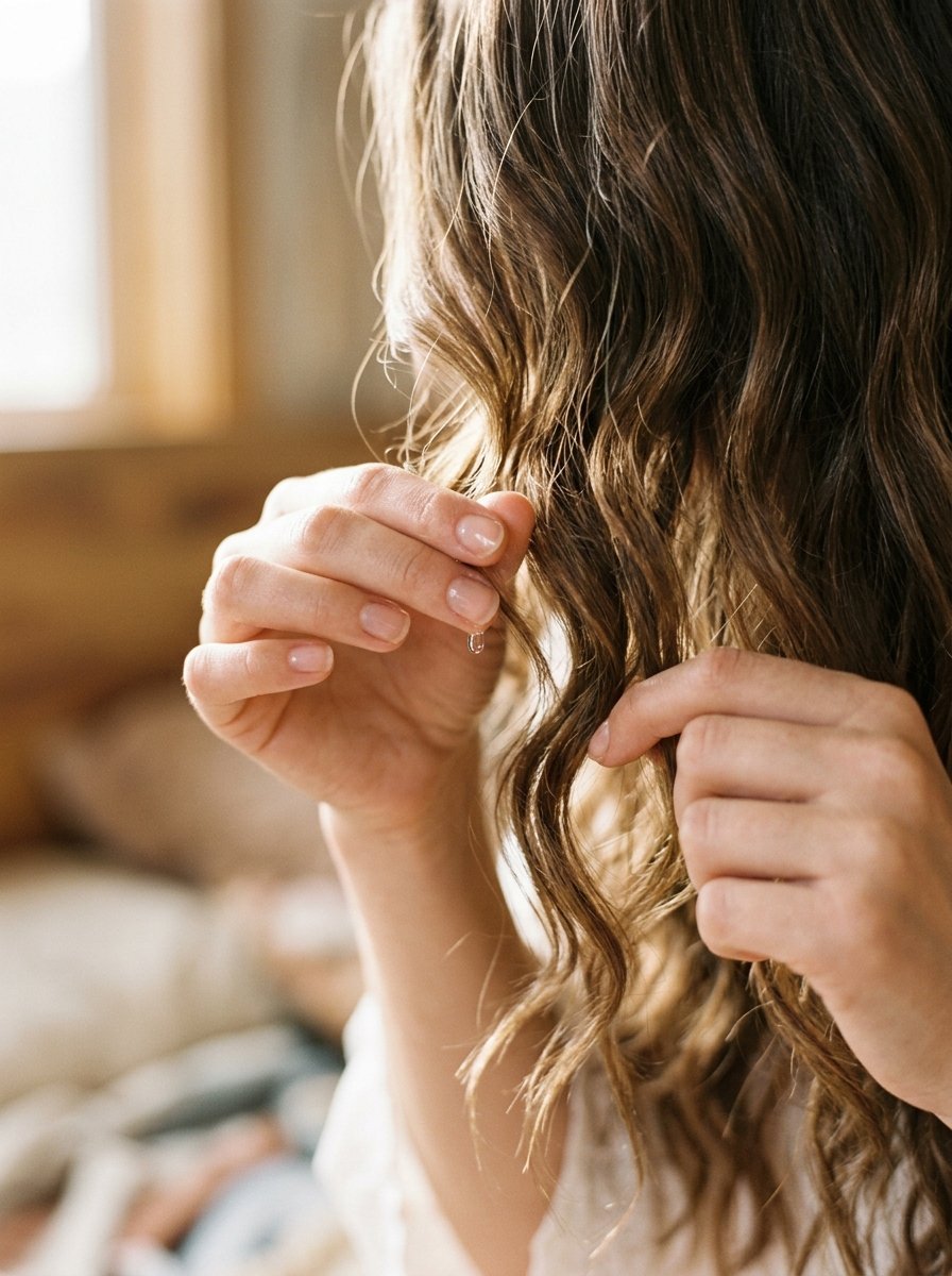 Close-up view of hands touching strands of brown wavy hair in natural light.