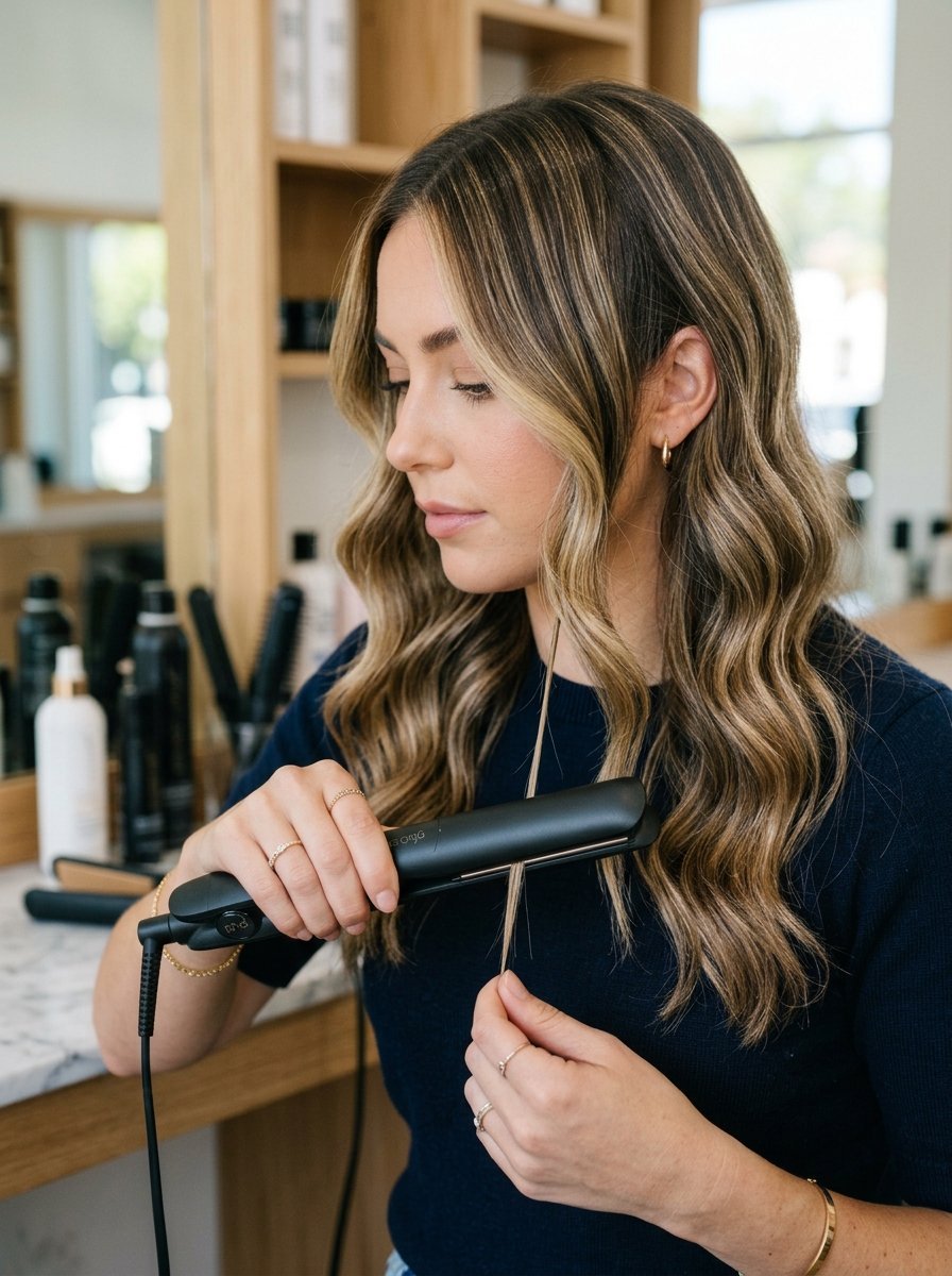 Close-up of a person with wavy blonde hair using a professional black flat iron at a salon station.