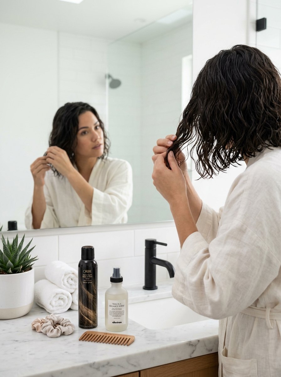 Woman in bathroom applying hair product to wet wavy hair while looking into a mirror.