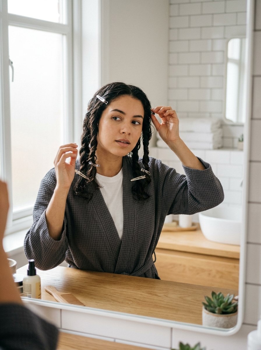 A woman looking into a bathroom mirror while using silver hair clips to section her damp, wavy hair.