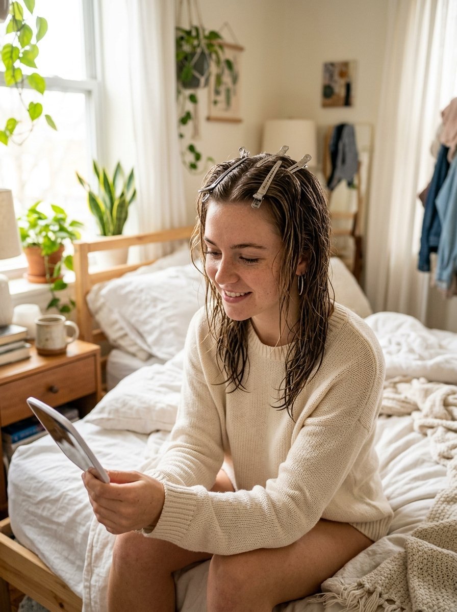 A young woman with damp, sectioned hair sitting on a bed and looking into a small mirror.