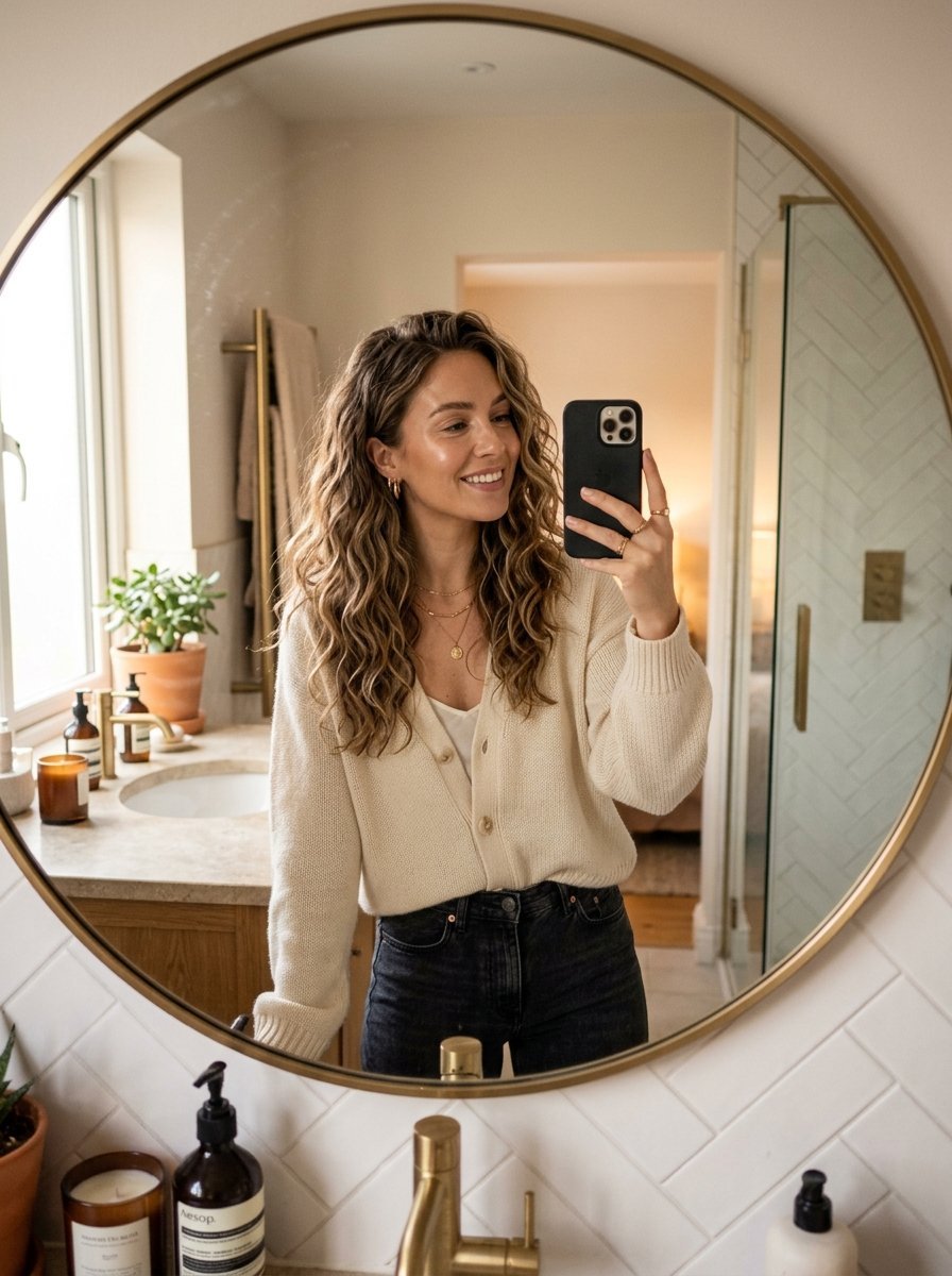 Young woman with long wavy hair holding a smartphone to capture her reflection in a round brass mirror.
