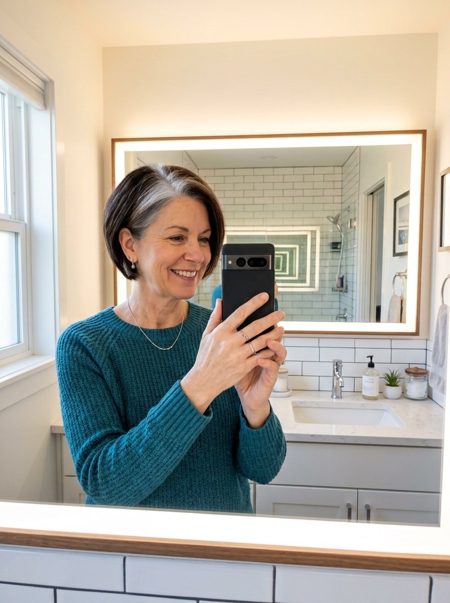 A middle-aged woman with dark bob hair and silver highlights holding a smartphone in front of a bathroom mirror.
