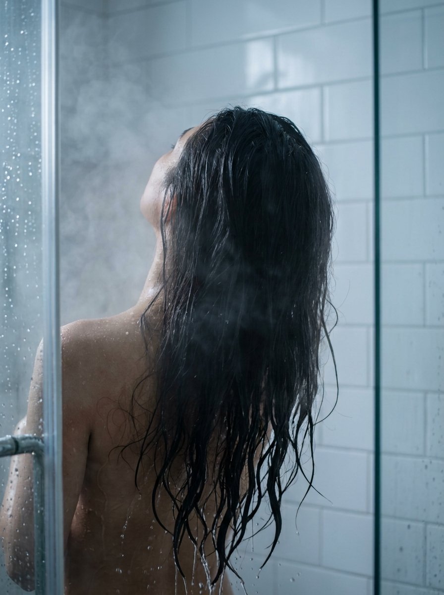 Back view of a woman with long dark hair standing in a glass shower stall filled with rising steam.