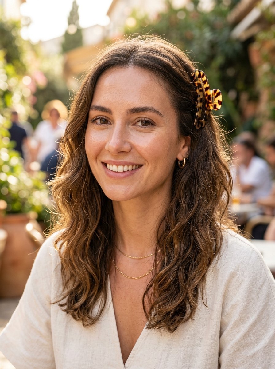 Portrait of a woman with wavy brown hair pinned back by a patterned clip at a sunny outdoor cafe.