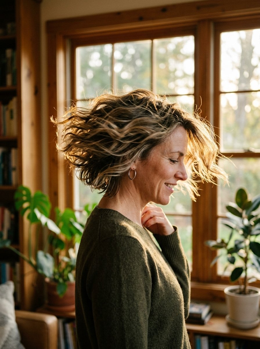 Profile view of a smiling woman in a green sweater with windblown, textured hair standing by a sunny window.