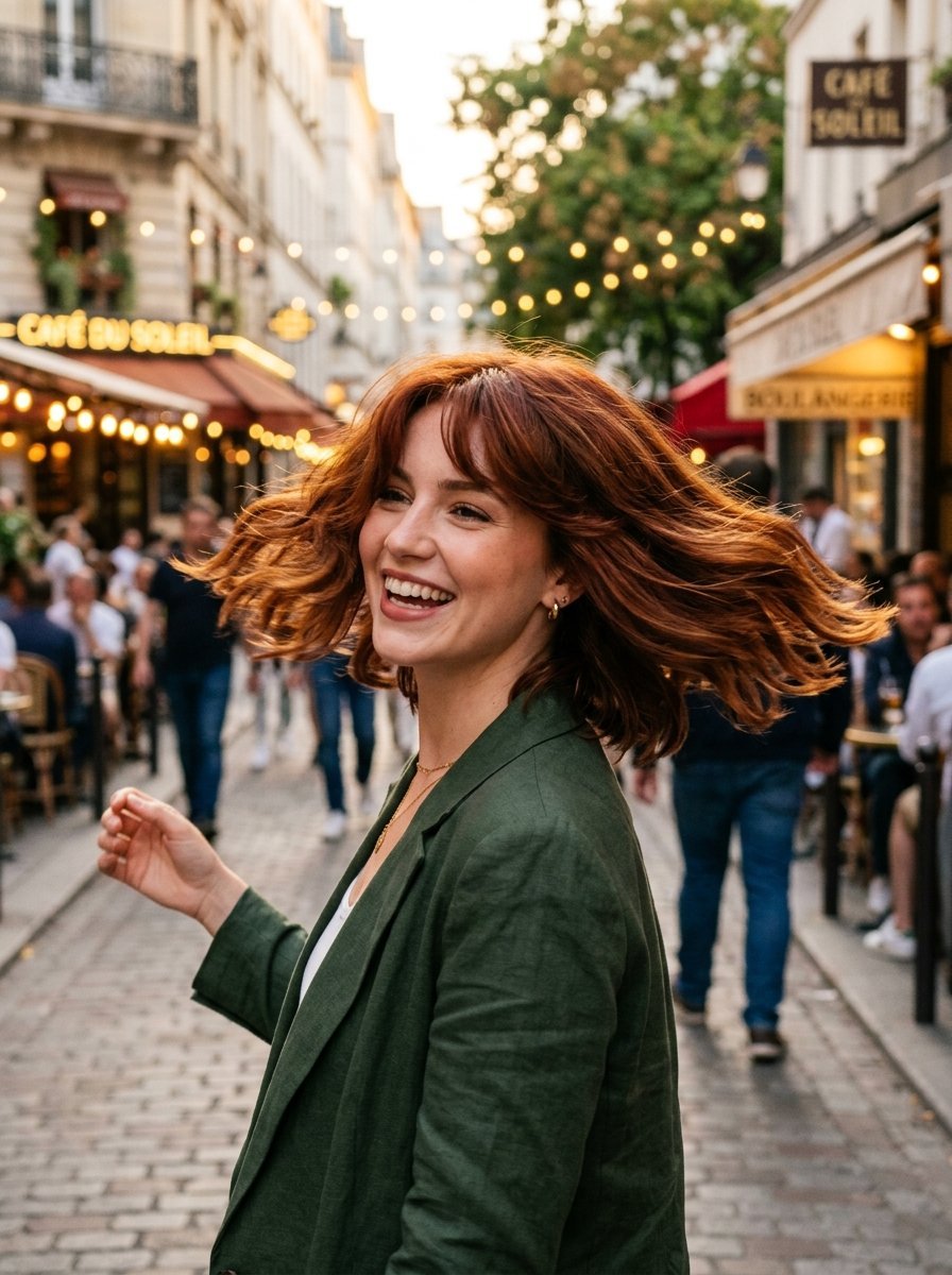 Smiling woman in a green blazer with wavy red hair spinning around in front of a cafe in Paris at twilight.