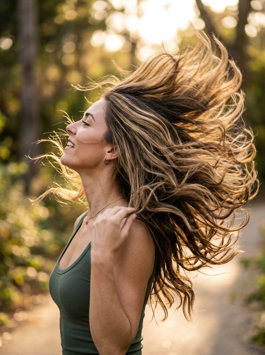 Side profile of a smiling woman with long brown wavy hair blowing in the wind.