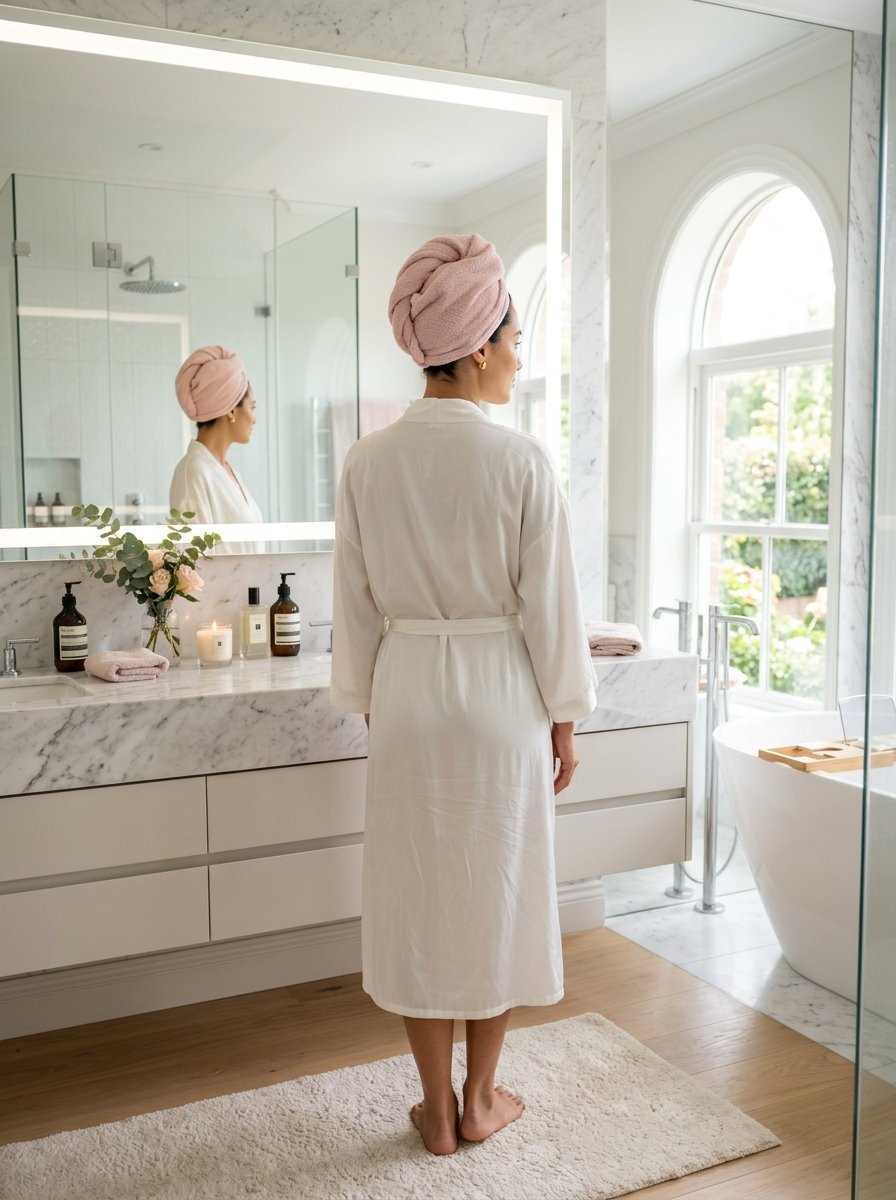 Woman in a bathrobe and hair wrap standing in a bright marble bathroom.