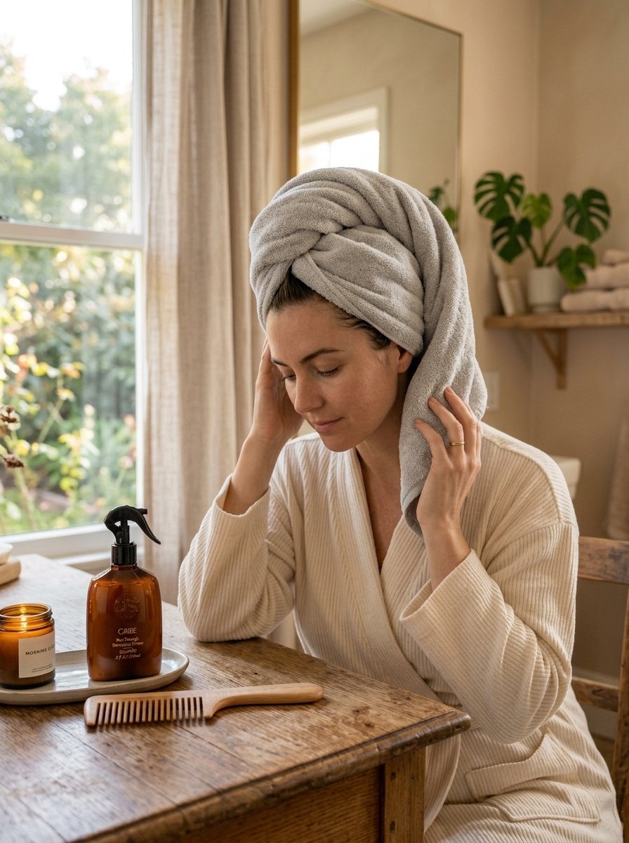 A woman wearing a beige robe and hair towel sitting at a wooden table with a spray bottle and wooden comb.
