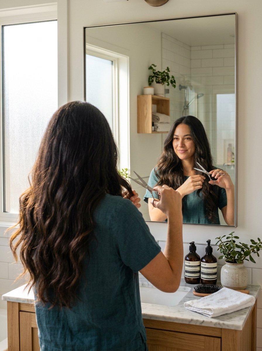Woman in a teal shirt holding scissors while looking at her reflection to cut her dark hair in a bright bathroom.