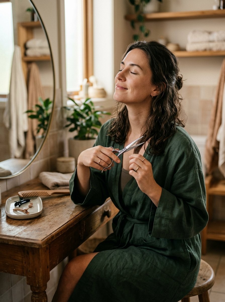 Smiling woman in a green linen robe sits at a rustic vanity table using metal scissors to trim a lock of her hair.