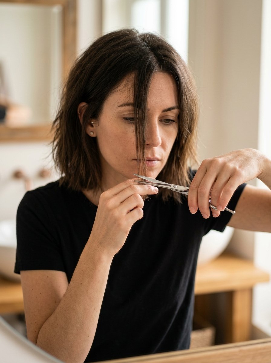 A woman wearing a black t-shirt uses small metal shears to cut a strand of hair in front of a mirror.