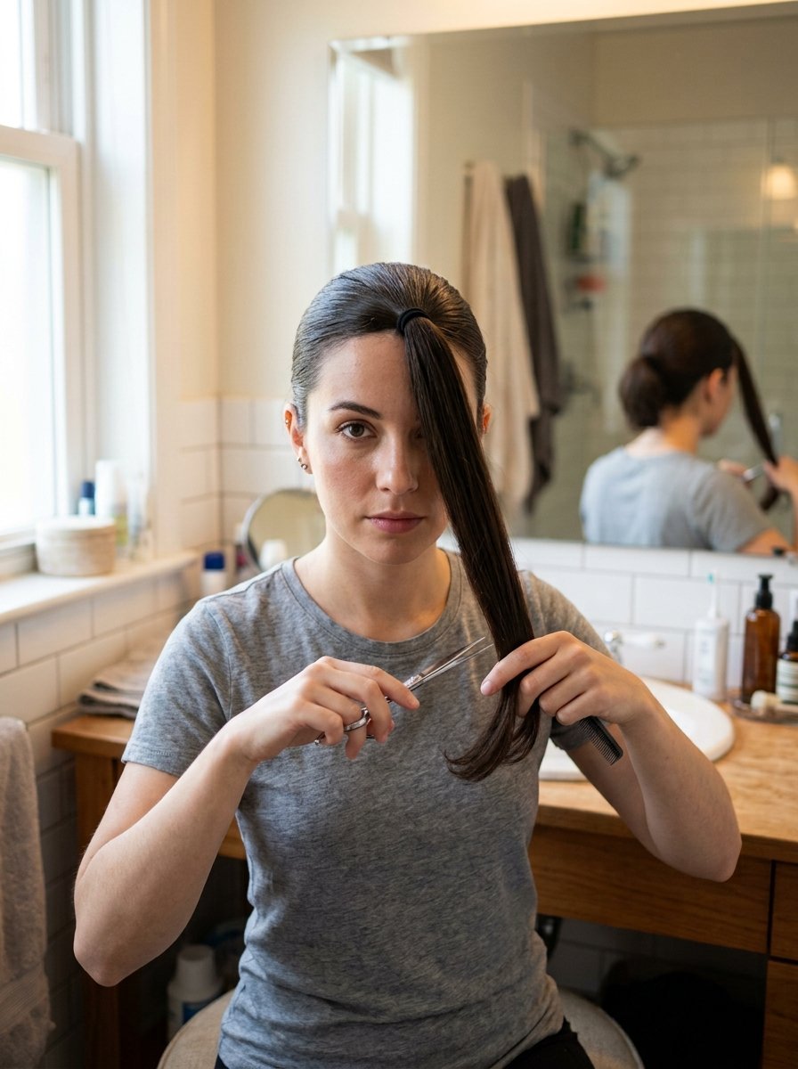 A woman looking at the camera while holding scissors and a hair section from her ponytail in a bathroom.