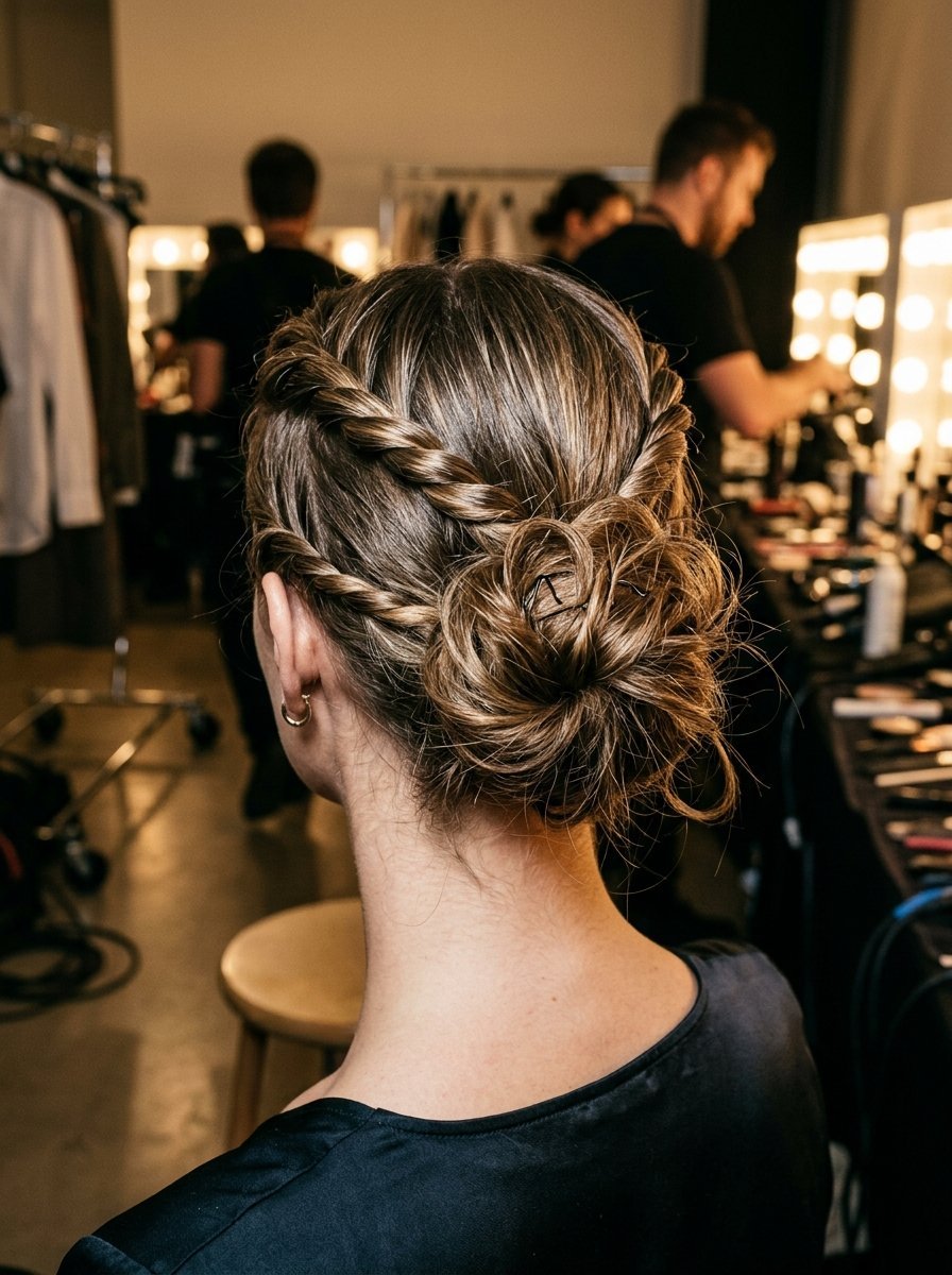 Close-up back view of a woman with highlighted brown hair styled in two side twists leading into a low messy bun.