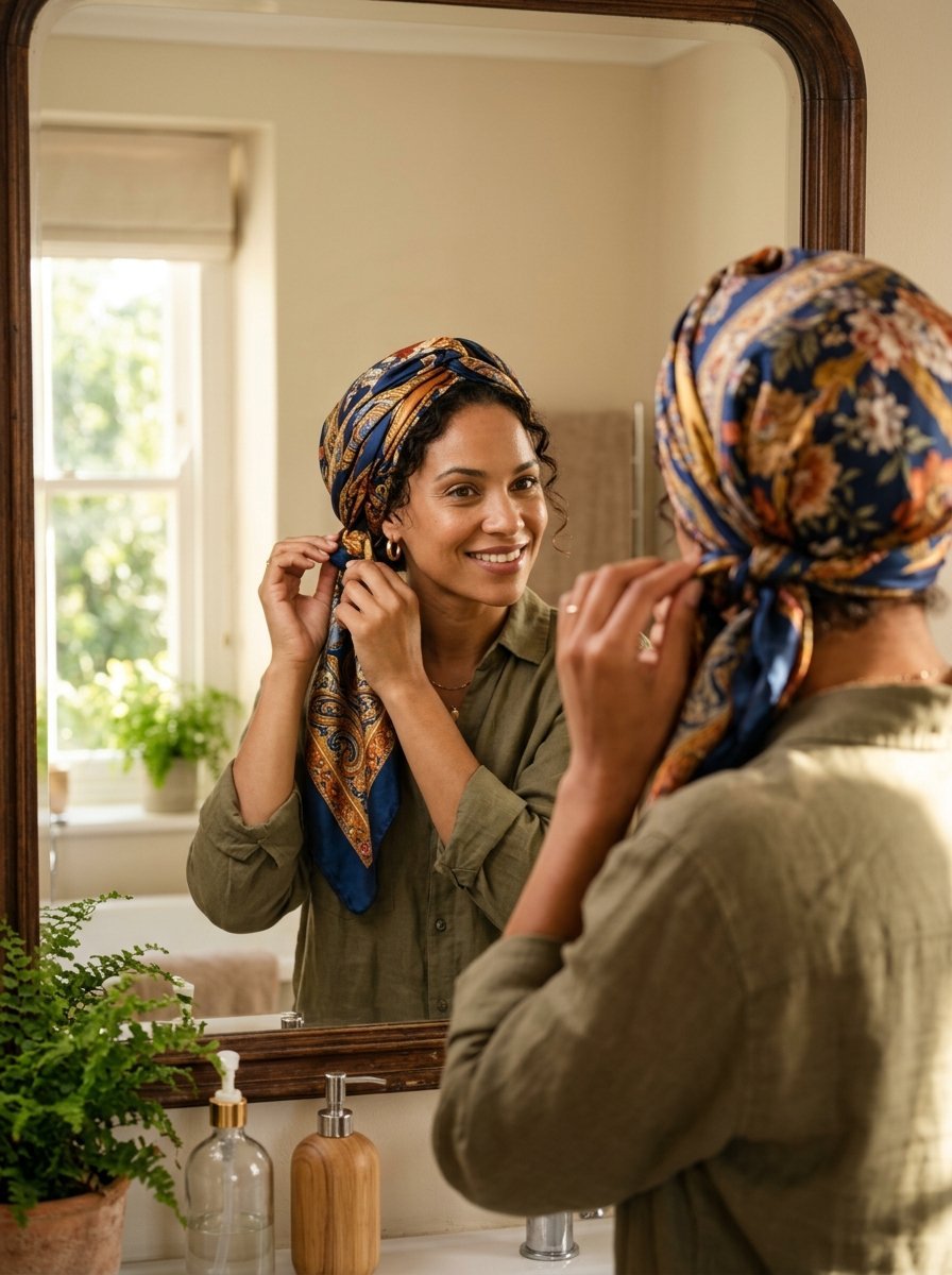 Close-up of a person with curly hair adjusting a patterned blue and gold headscarf while looking into a bathroom mirror.