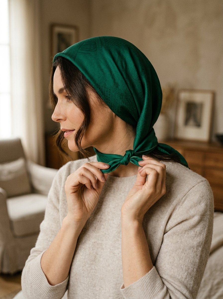 Profile view of a woman wearing a tied emerald green head covering while indoors.