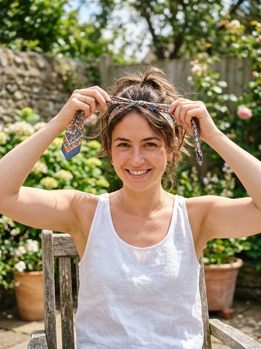 Portrait of a woman wearing a white linen tank top while tying a colorful patterned hair accessory.
