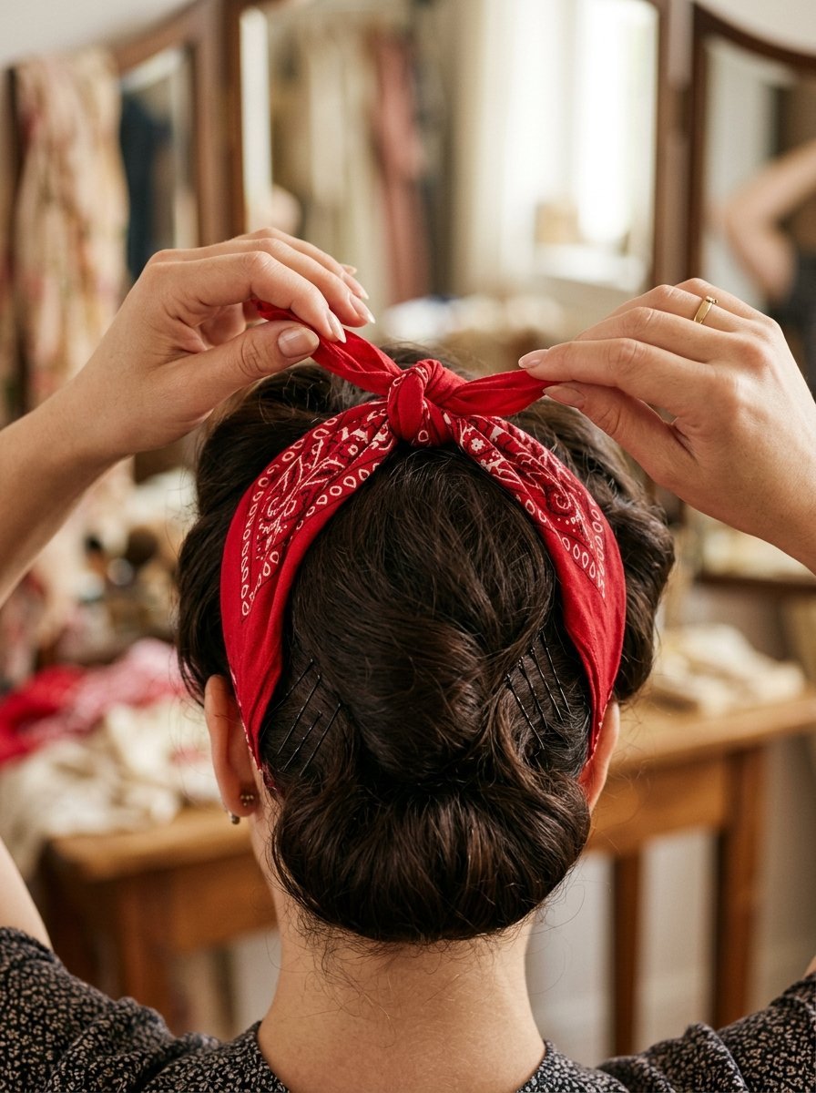 Close-up back view of a woman tying a folded red bandana with white patterns into a knot atop her brown bun hairstyle.