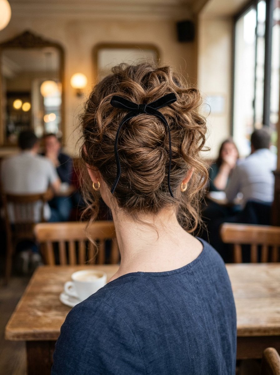 Close-up back view of a woman with curly brown hair worn in a messy bun tied with a thin black bow in a cafe.