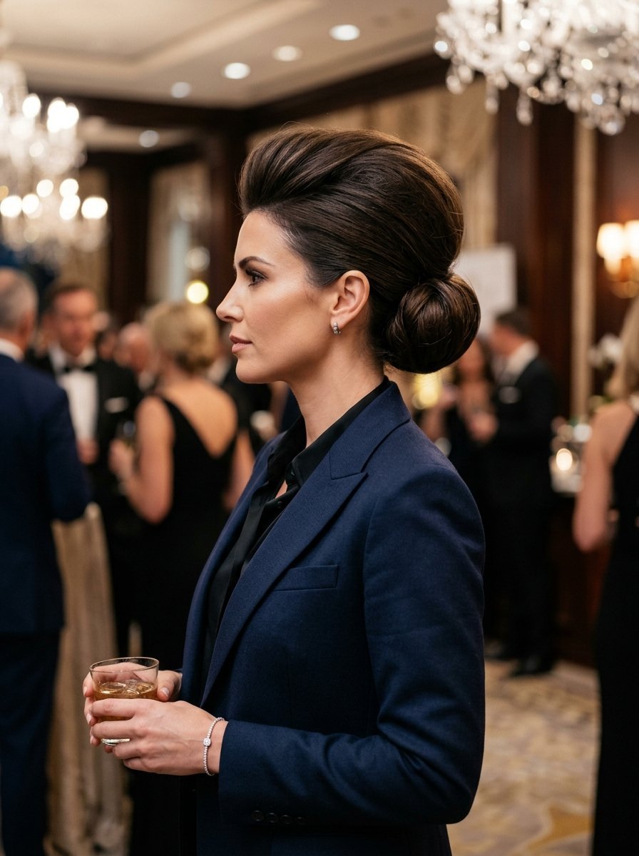 Side profile of a woman with a sophisticated updo wearing a dark suit jacket at an evening event.