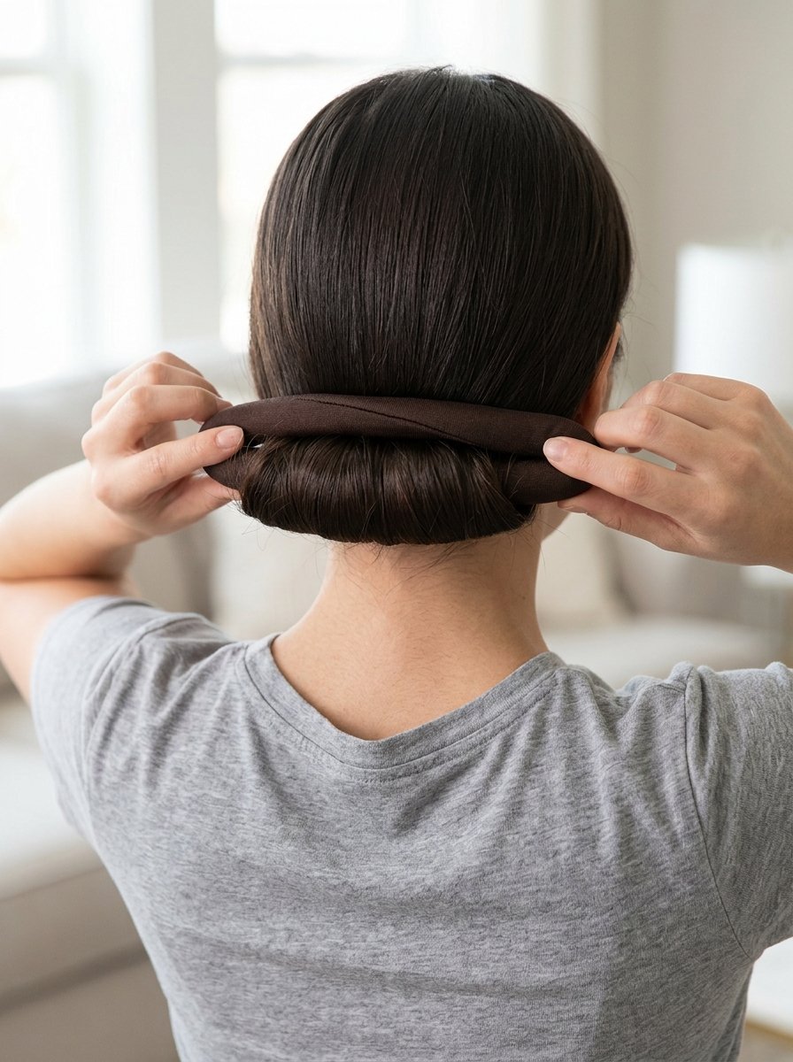 Rear view of a person using a fabric-covered hair styling tool to create a sleek bun hairstyle.