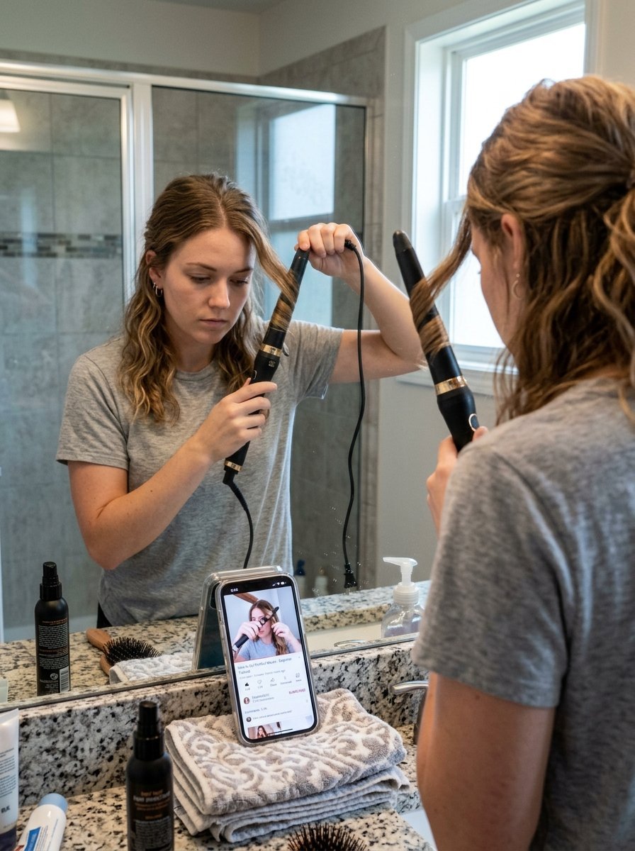 A woman looks into a bathroom mirror while using a curling iron, with a smartphone displaying a video on the counter.