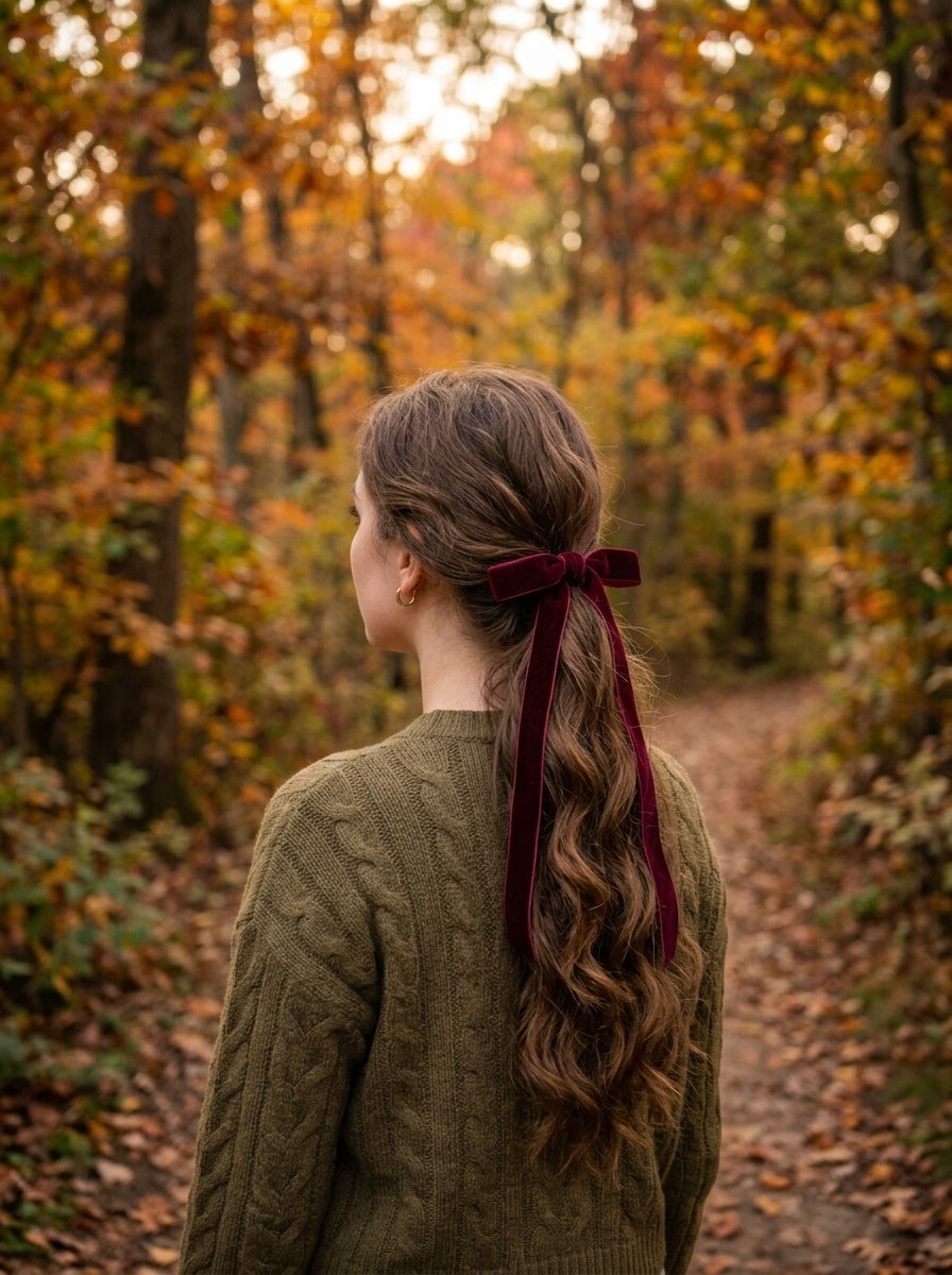 Back view of a woman in an olive sweater with a long dark red ribbon tied in her half-up wavy brown hair.