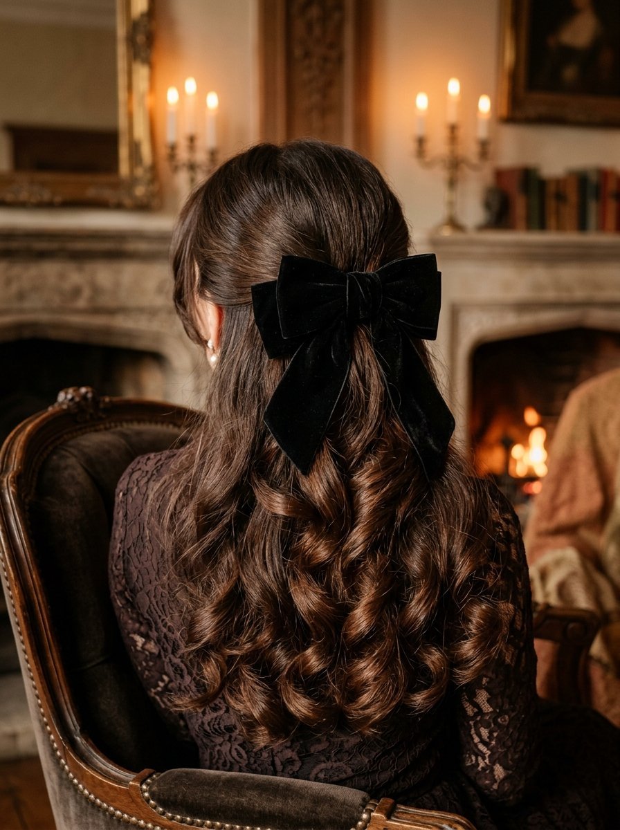 Back view of a woman with long wavy brown hair adorned with a wide black velvet hair bow sitting in an armchair.