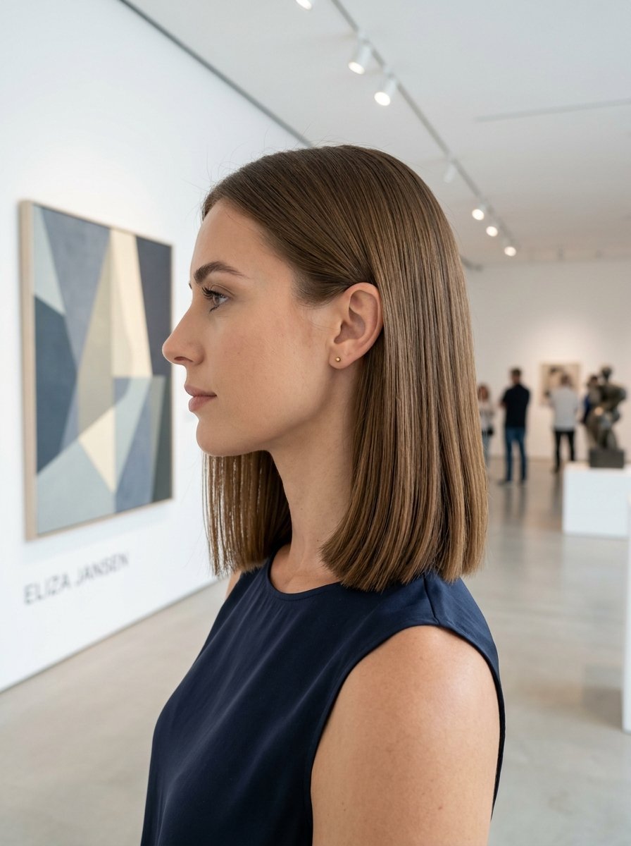Side profile of a woman with shoulder-length brown hair looking at art in a bright museum gallery.