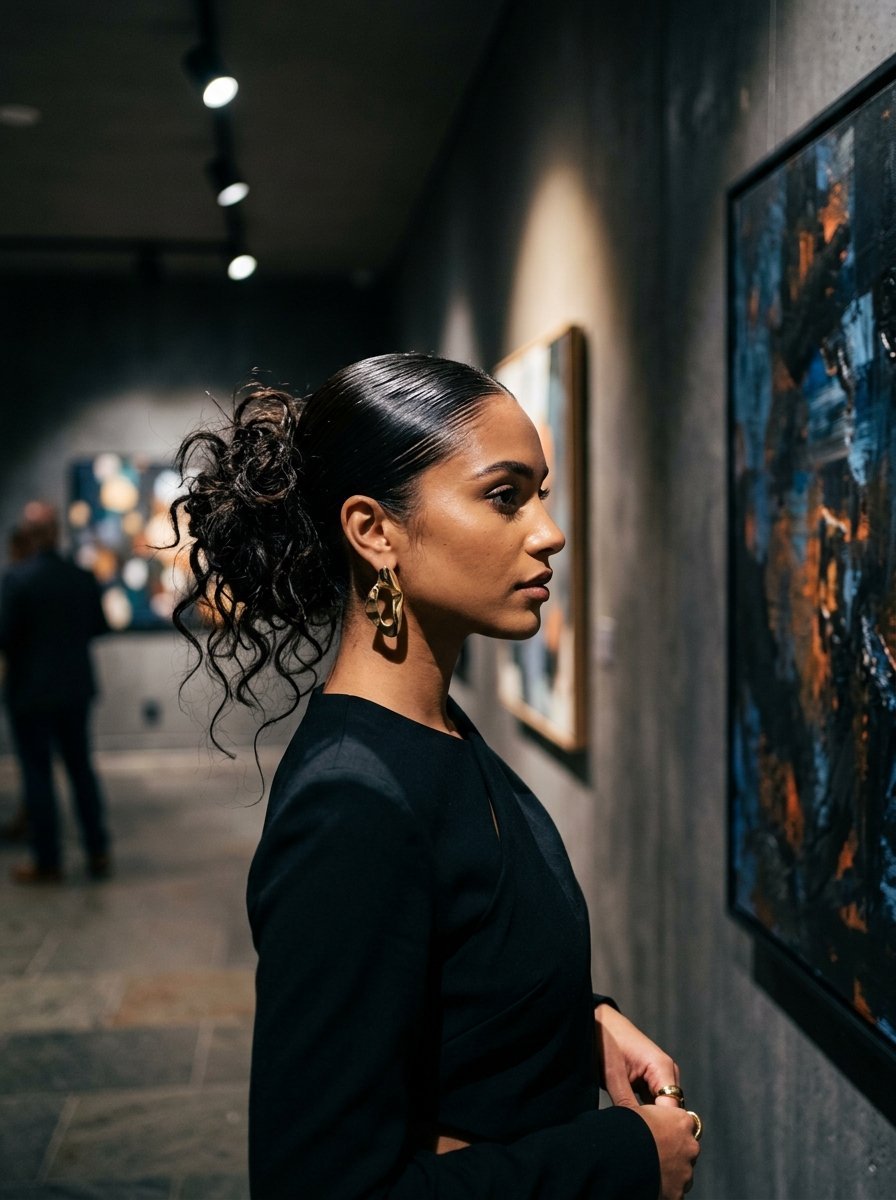 Profile view of a woman with curly hair and gold earrings looking at a dark textured painting inside a museum.